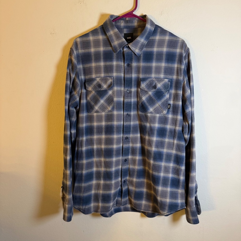 Vans Mens Large Blue Grey Plaid Tailored Fit Long Sleeve Flannel Button Up Shirt